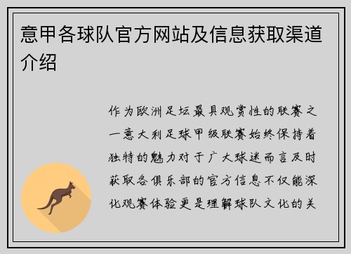 意甲各球队官方网站及信息获取渠道介绍